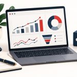 Illustration of a laptop dashboard, calculator and planning notebook for a small business digital marketing budget