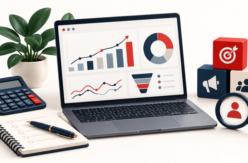 Illustration of a laptop dashboard, calculator and planning notebook for a small business digital marketing budget